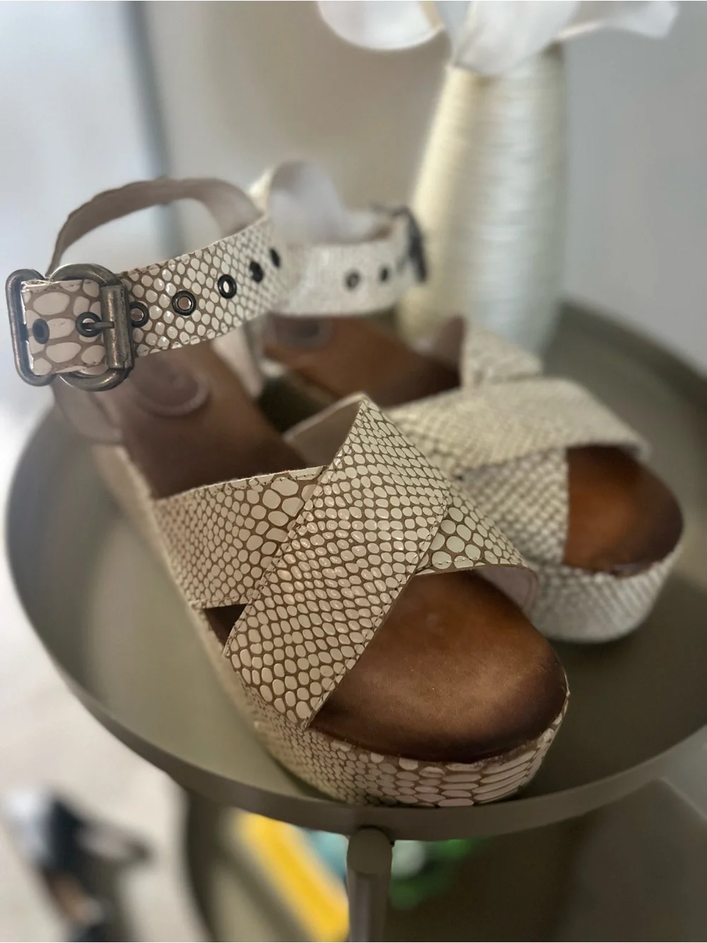 Freebird Cream Snake-Print Platform Sandals with Ankle Buckle